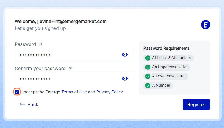 Check I accept the Emerge Terms of Use and Privacy Policy